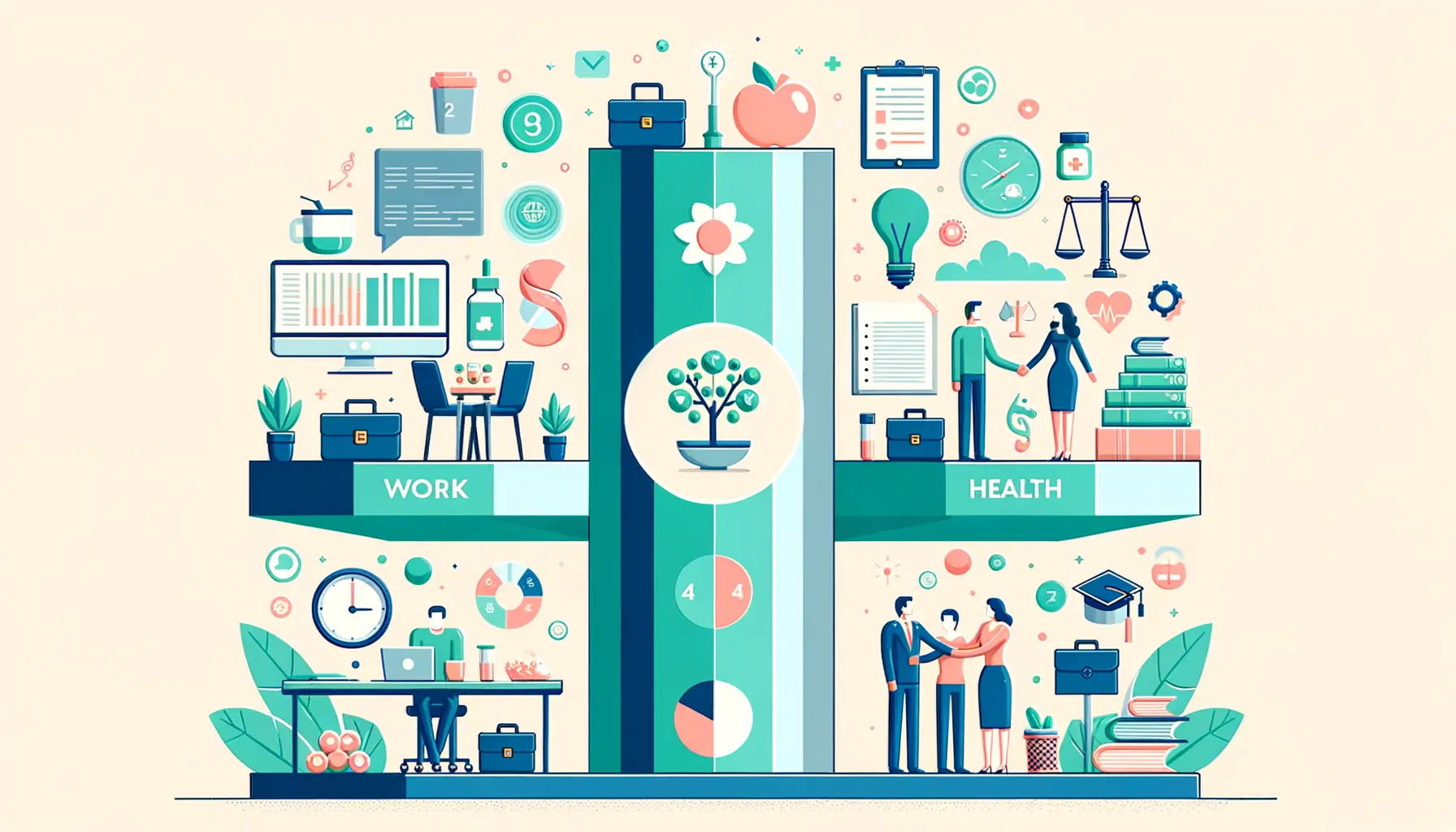 Infografik Einklang Leben Säulen Balance Arbeit Gesundheit Beziehungen