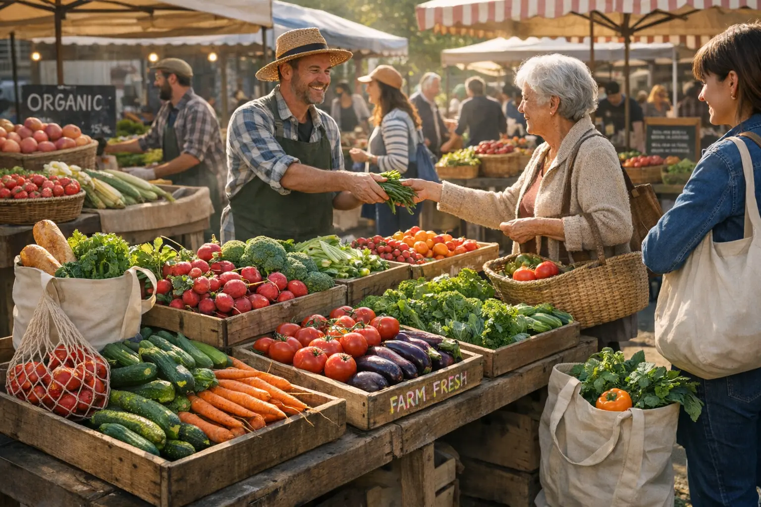 Wochenmarkt mit regionalen und saisonalen Lebensmitteln für klimafreundliche Ernährung