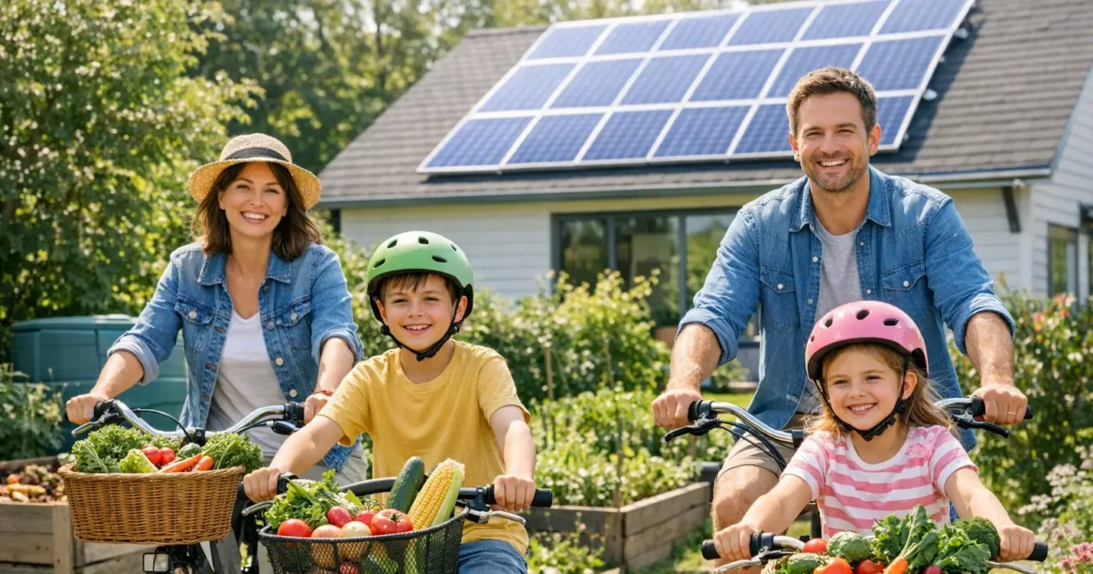 Familie beim klimafreundlichen Leben mit Fahrrädern und regionalen Lebensmitteln
