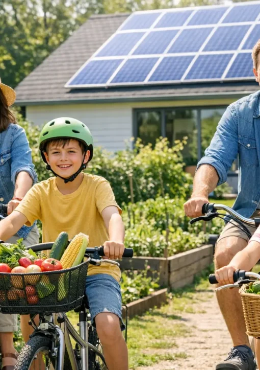 Familie beim klimafreundlichen Leben mit Fahrrädern und regionalen Lebensmitteln