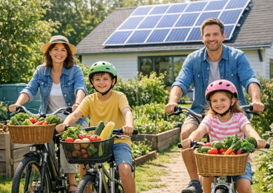 Familie beim klimafreundlichen Leben mit Fahrrädern und regionalen Lebensmitteln