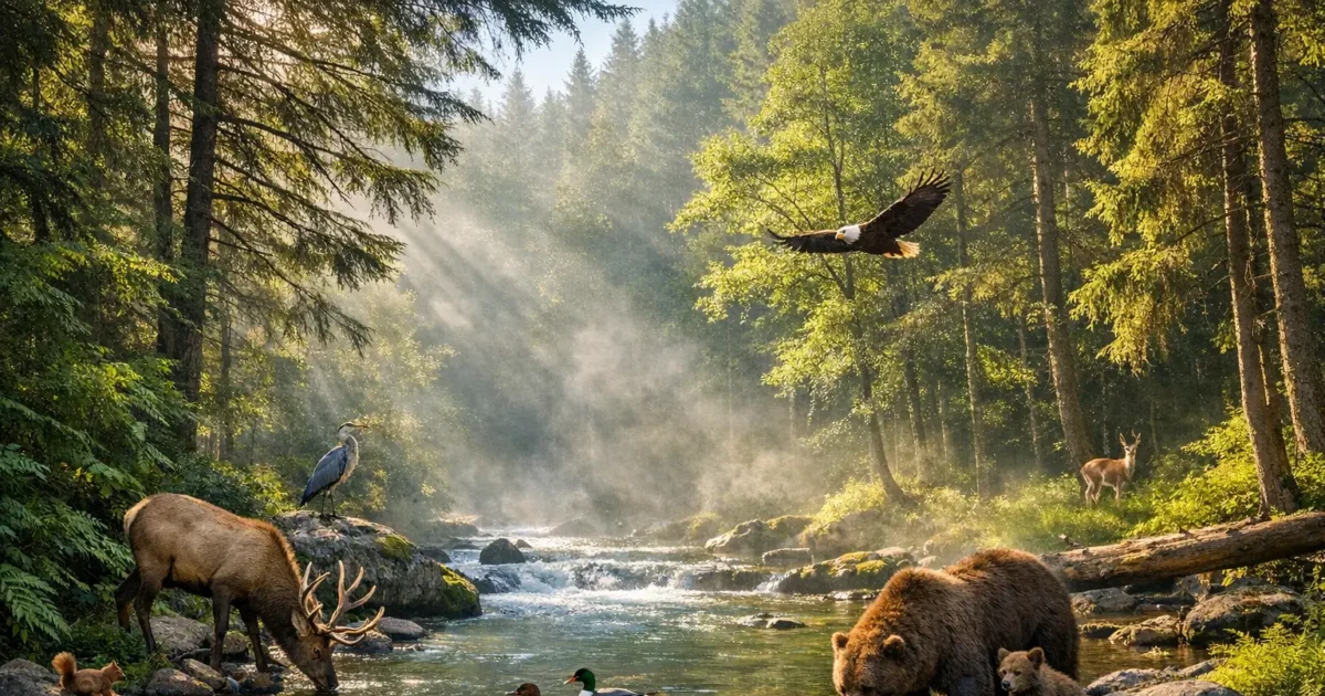 Natur Umwelt Schutz: Unberührte Waldlandschaft mit klarem Fluss und reicher Biodiversität