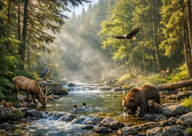 Natur Umwelt Schutz: Unberührte Waldlandschaft mit klarem Fluss und reicher Biodiversität