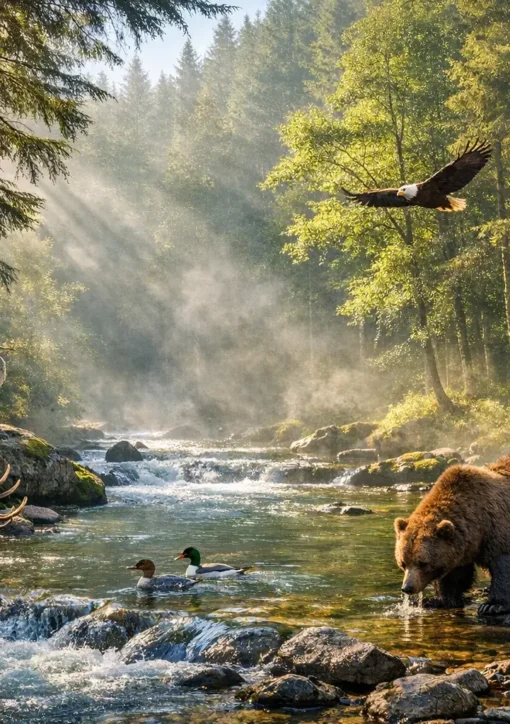 Natur Umwelt Schutz: Unberührte Waldlandschaft mit klarem Fluss und reicher Biodiversität