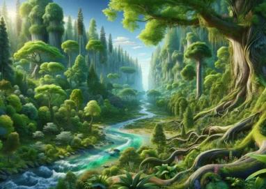 Natur und Umwelt lebendige Landschaft mit Wald und Fluss