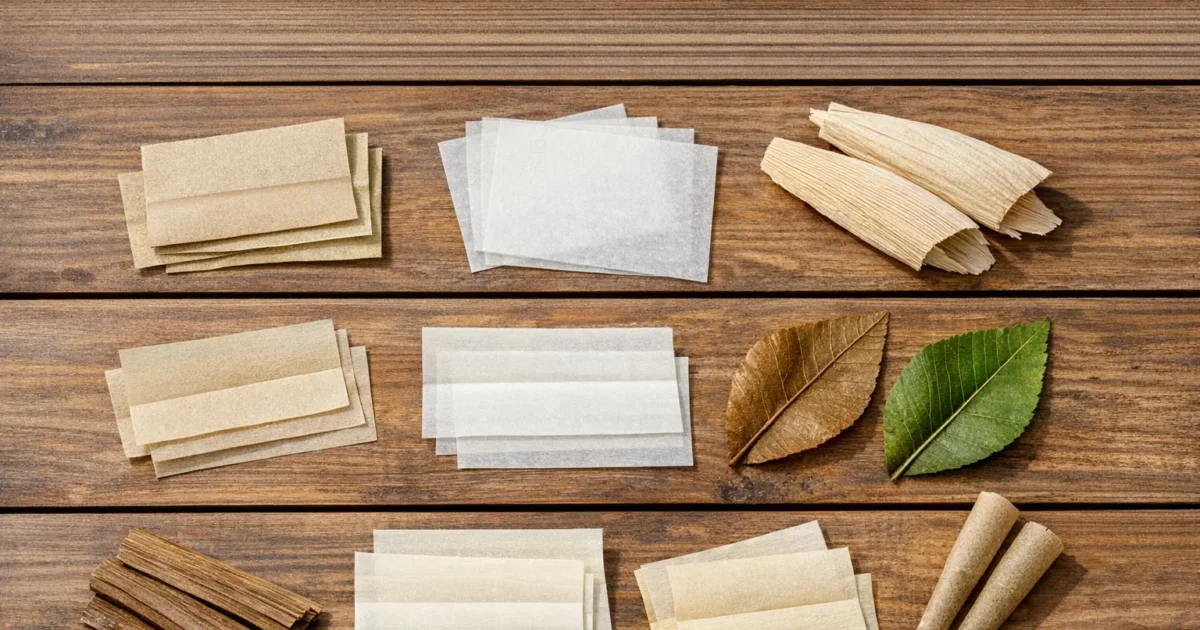 Verschiedene Papes Alternative Produkte aus Hanf und Reis auf Holztisch