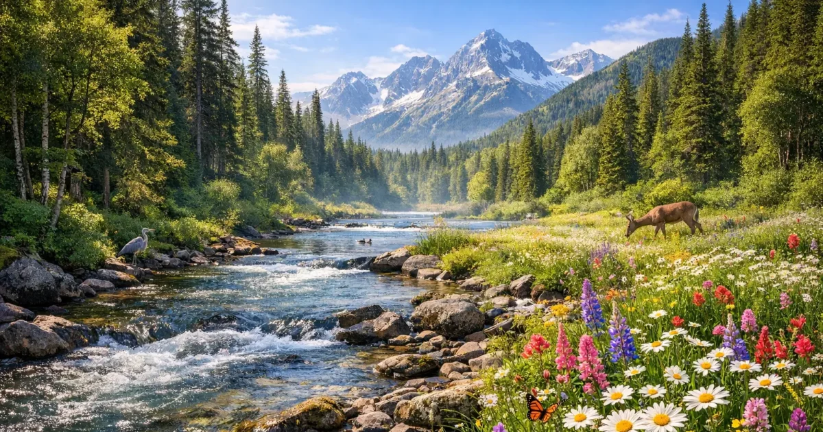 Umwelt Natur Ökosystem mit Wald, Fluss und Wiesen