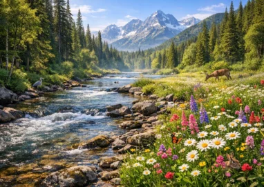 Umwelt Natur Ökosystem mit Wald, Fluss und Wiesen