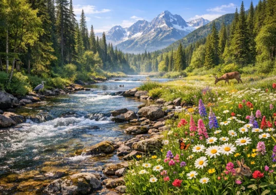 Umwelt Natur Ökosystem mit Wald, Fluss und Wiesen