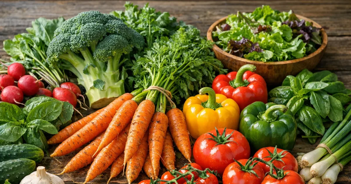 Buntes saisonales Gemüse auf Holztisch für umweltbewusste Ernährung