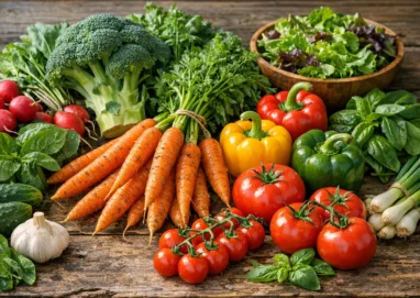 Buntes saisonales Gemüse auf Holztisch für umweltbewusste Ernährung
