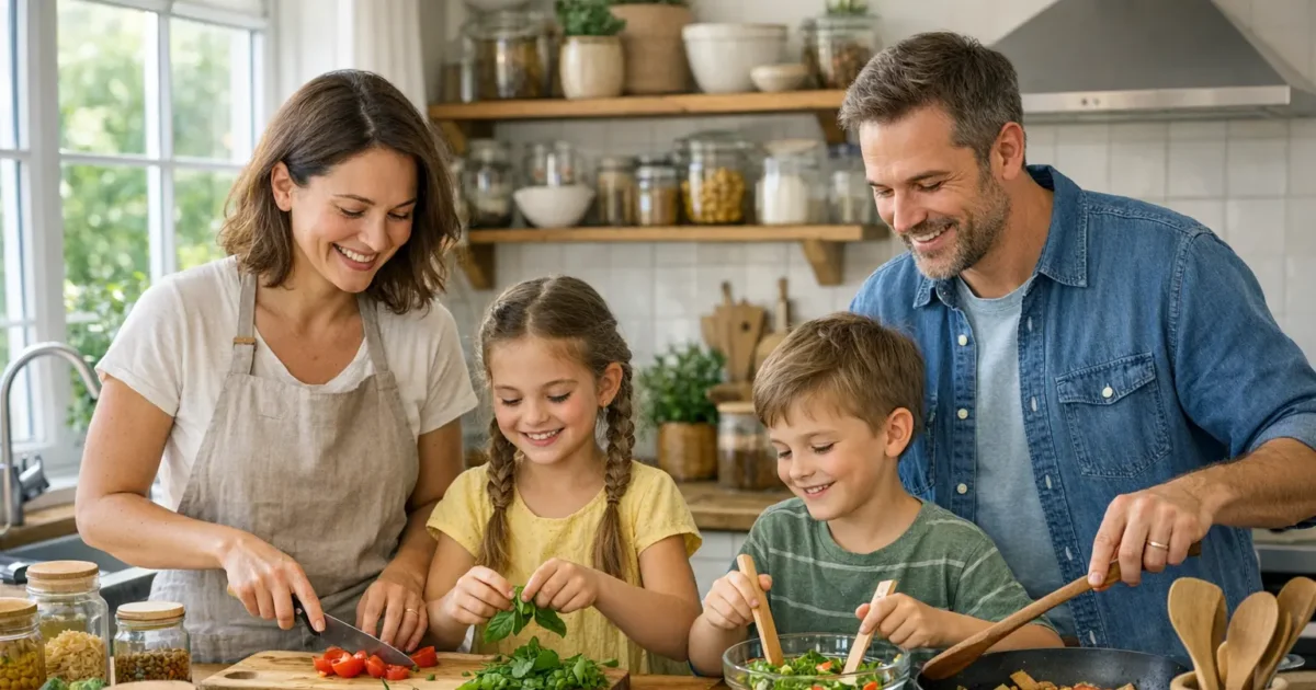 Familie kocht umweltfreundlich im Alltag mit regionalen Zutaten