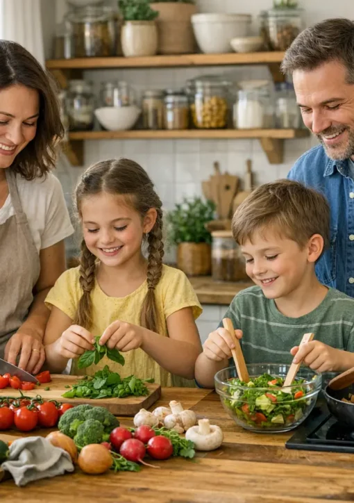 Familie kocht umweltfreundlich im Alltag mit regionalen Zutaten