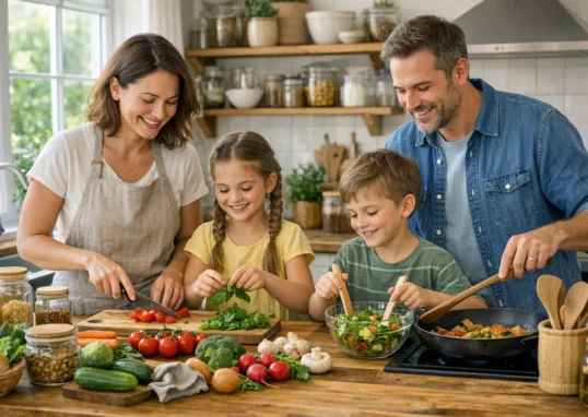 Familie kocht umweltfreundlich im Alltag mit regionalen Zutaten