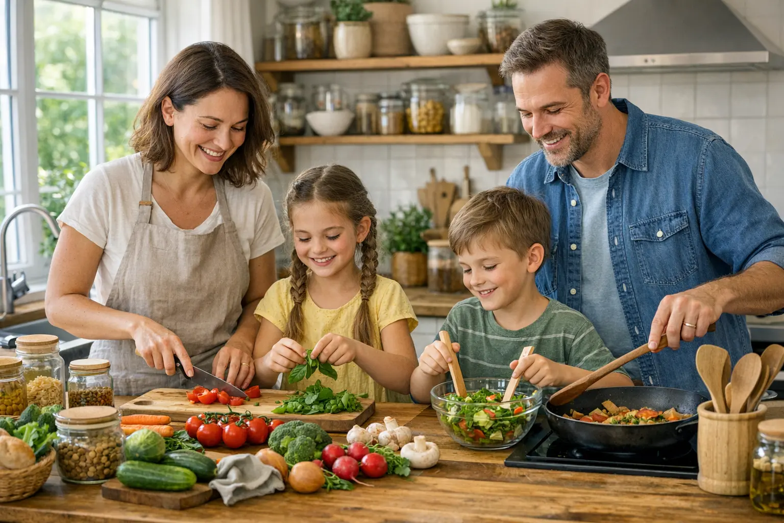 Familie kocht umweltfreundlich im Alltag mit regionalen Zutaten