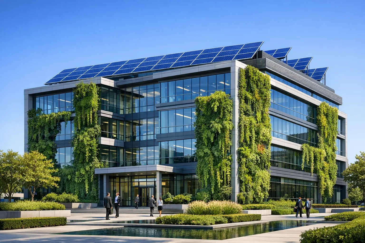 Nachhaltiges Bürogebäude mit Solarpanels und Fassadenbegrünung