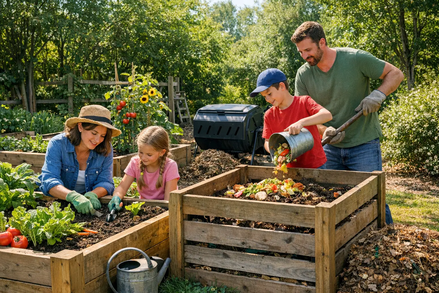Familie praktiziert Verantwortung für die Umwelt durch nachhaltiges Gärtnern