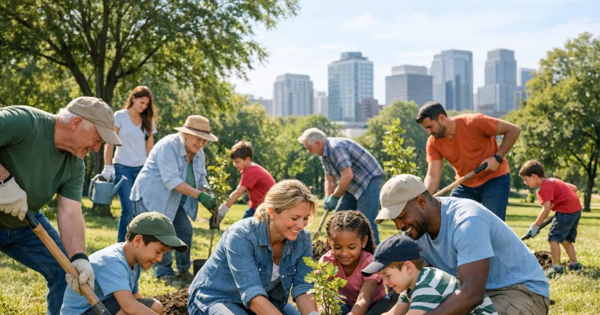 Diverse Gruppe von Menschen pflanzt Bäume als Symbol für Verantwortung für die Umwelt