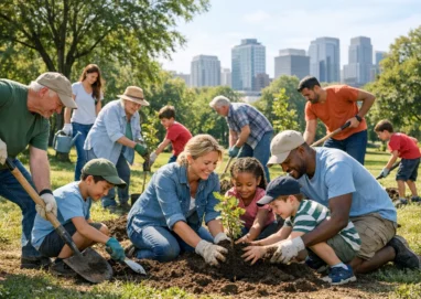 Diverse Gruppe von Menschen pflanzt Bäume als Symbol für Verantwortung für die Umwelt
