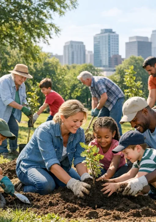 Diverse Gruppe von Menschen pflanzt Bäume als Symbol für Verantwortung für die Umwelt