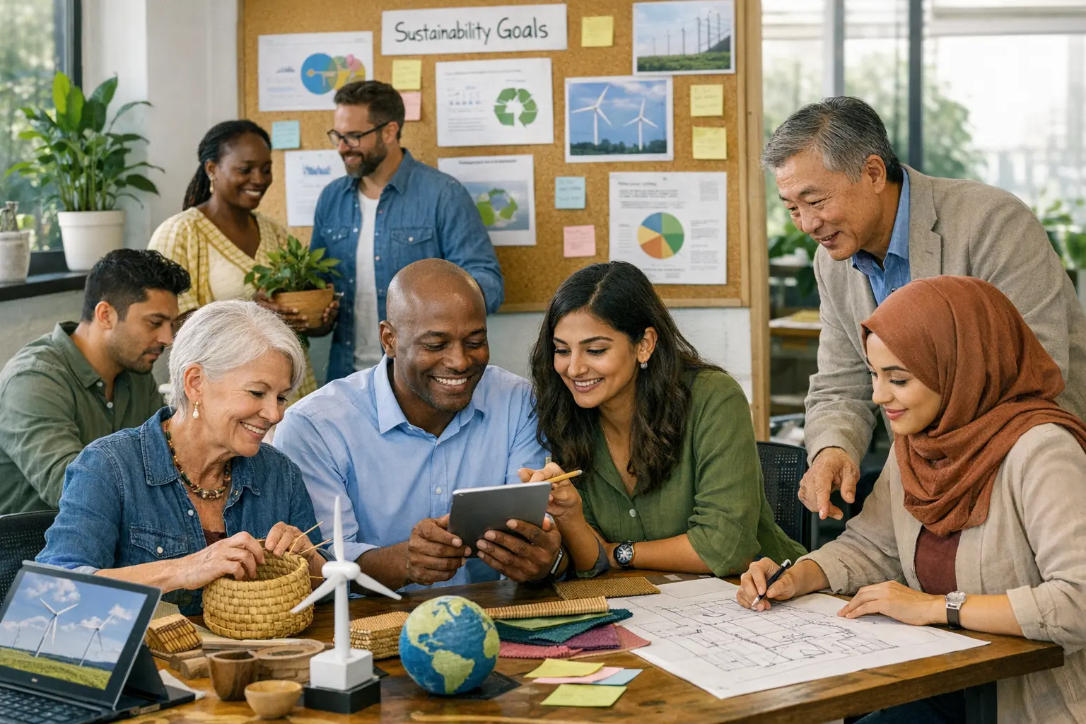 Diverse Arbeitsgruppe bei nachhaltiger Projektplanung mit kulturellen Elementen